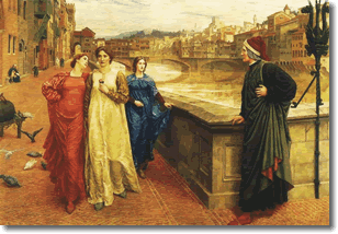 Dipinto di Holiday raffigurante l'incontro tra Dante Alighieri e Beatrice Portinari lungo le rive dell'Arno - olio su tela, 1883, Walker Art Gallery