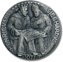 Dritto - Guerrino Mattia Monassi, Enrico IV e Sigeardo 1077-1977, 1977 bronzo fusione 95 mm