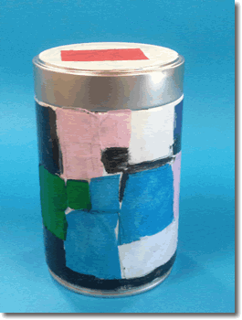 Gioele - Materiali: barattolo di latta, colore acrilico base, carte veline, carta collage